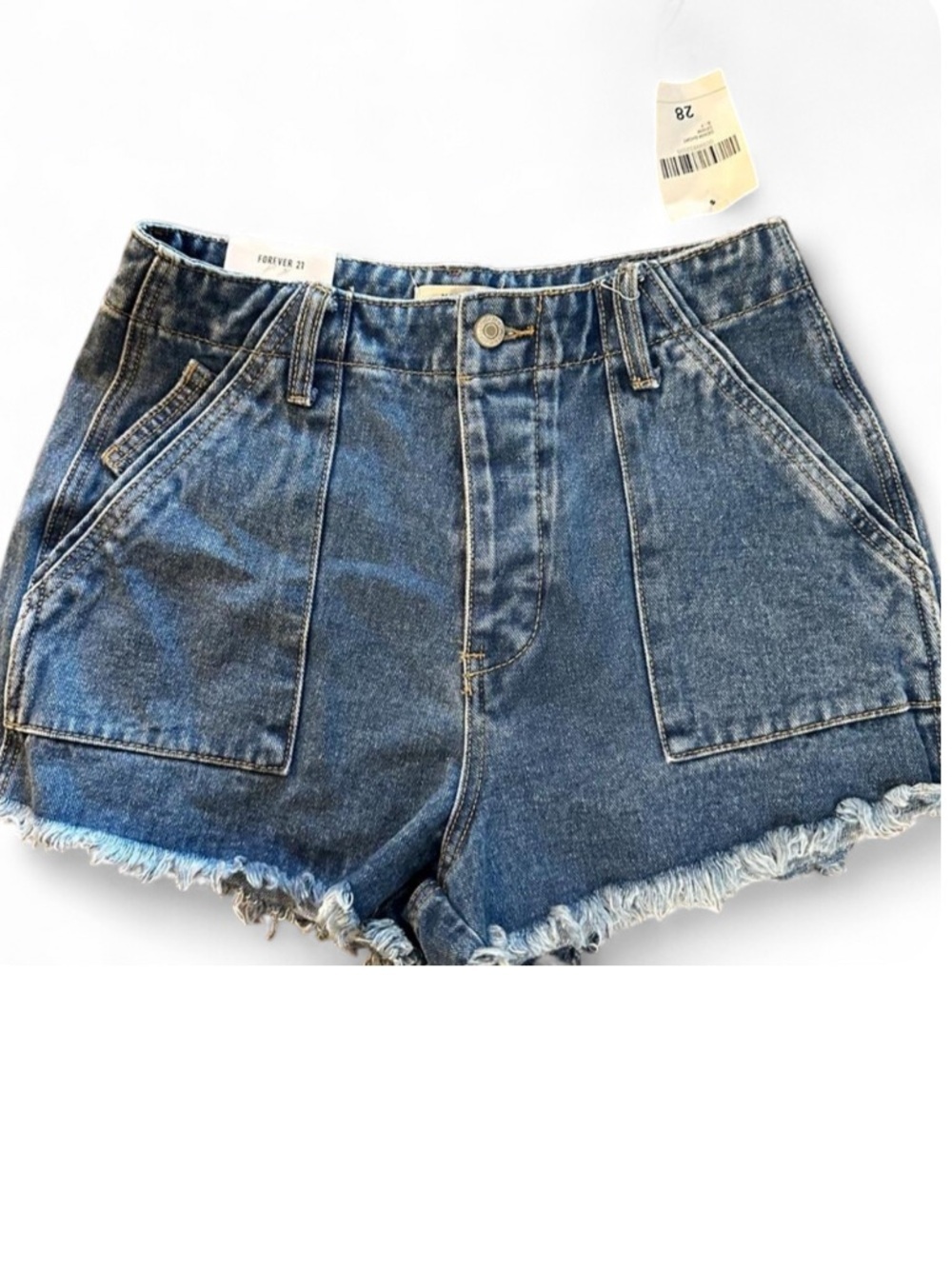 Forever 21 Dark Blue High-Rise Denim Shorts with Frayed Hem